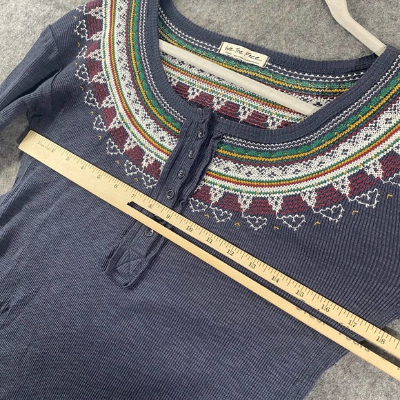 Free People Thermal Top Small Navy Blue Fair Isle Henlet Long Sleeve - Picture 7 of 13